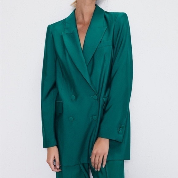Zara Long Buttoned Blazer in Green Blue - Picture 2 of 16